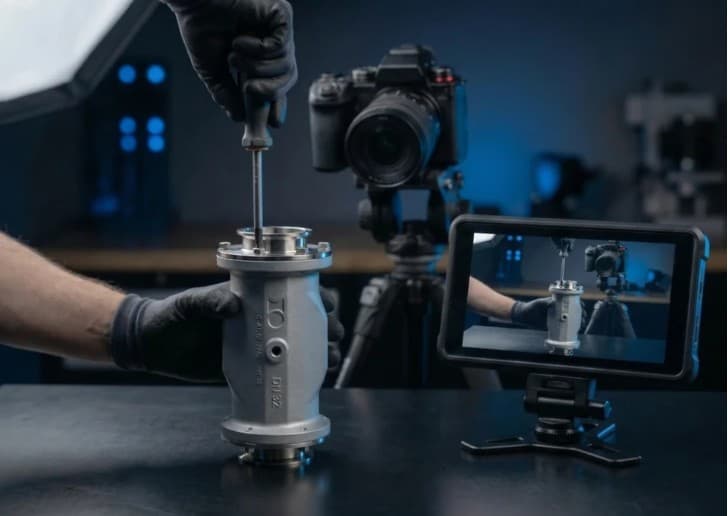 Kamera auf einem Stativ filmt ein Ventil an der Maschine, professionelle Ausleuchtung.