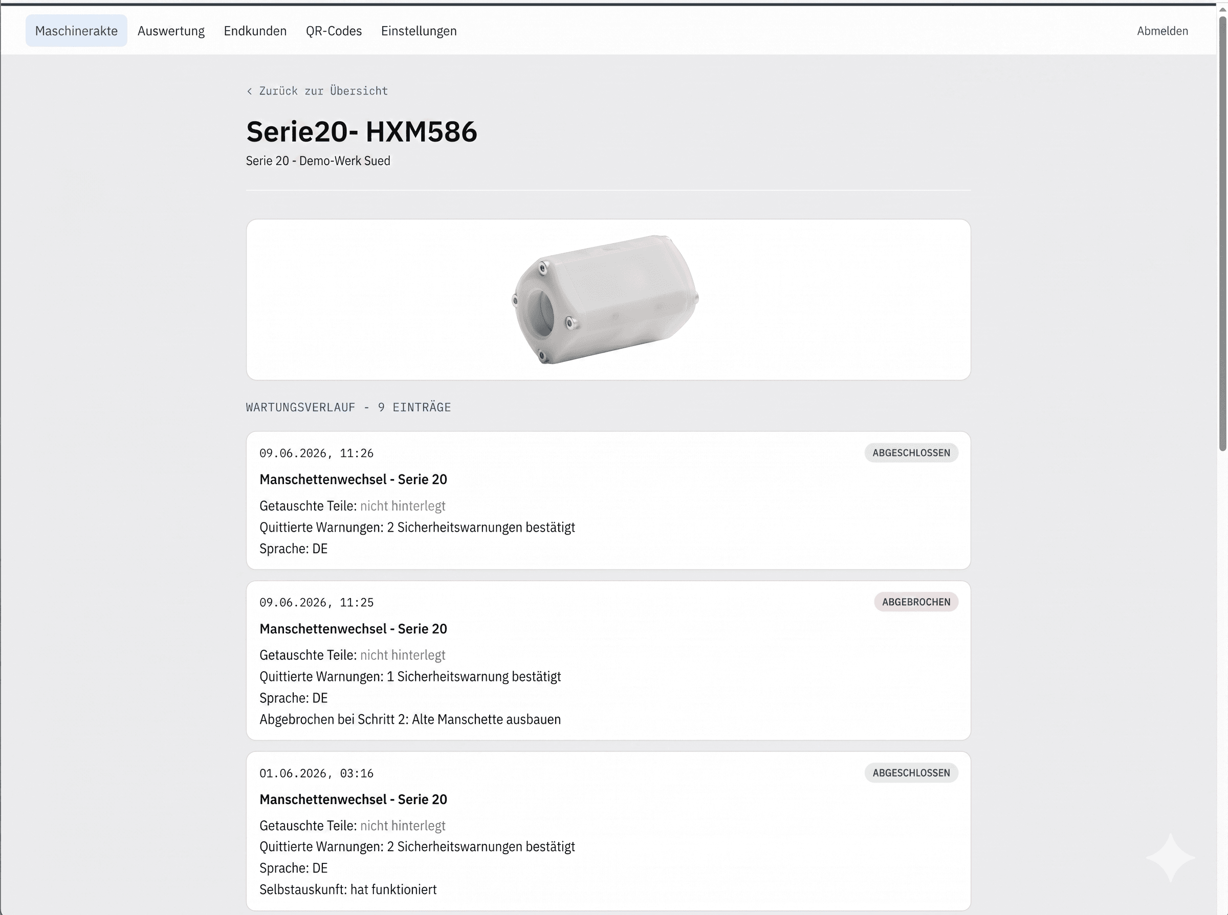 Screenshot der digitalen Maschinenakte im Herstellerportal